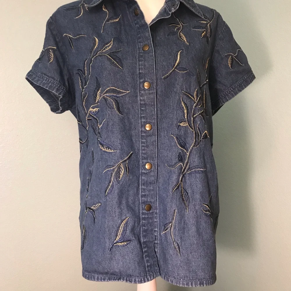 Together Blue Denim Embroidered Button-Front Blouse